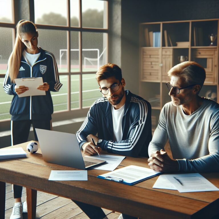 Dirigenti e collaboratori di un'Associazione Sportiva Dilettantistica (ASD) analizzano documenti e un computer portatile per adempiere alla riforma del lavoro sportivo 2023.