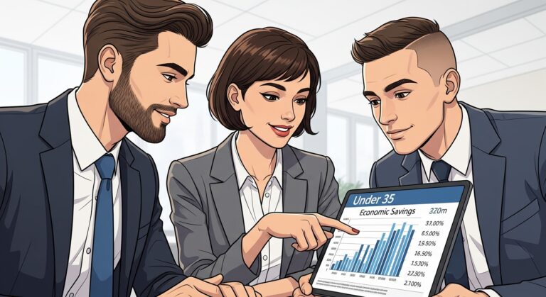 Tre giovani professionisti (sotto i 35 anni) in un ufficio moderno esaminano un tablet che mostra un grafico di risparmio economico e la scritta "Under 35", rappresentando gli incentivi all'occupazione giovanile