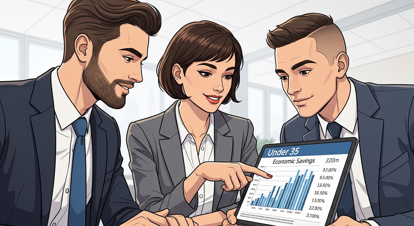 Tre giovani professionisti (sotto i 35 anni) in un ufficio moderno esaminano un tablet che mostra un grafico di risparmio economico e la scritta "Under 35", rappresentando gli incentivi all'occupazione giovanile