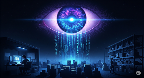 Illustrazione metaforica del controllo a distanza sui dipendenti: un grande occhio digitale olografico rappresenta il monitoraggio dei PC e la sorveglianza aziendale, secondo i limiti previsti dall'Art. 4 dello Statuto dei Lavoratori.
