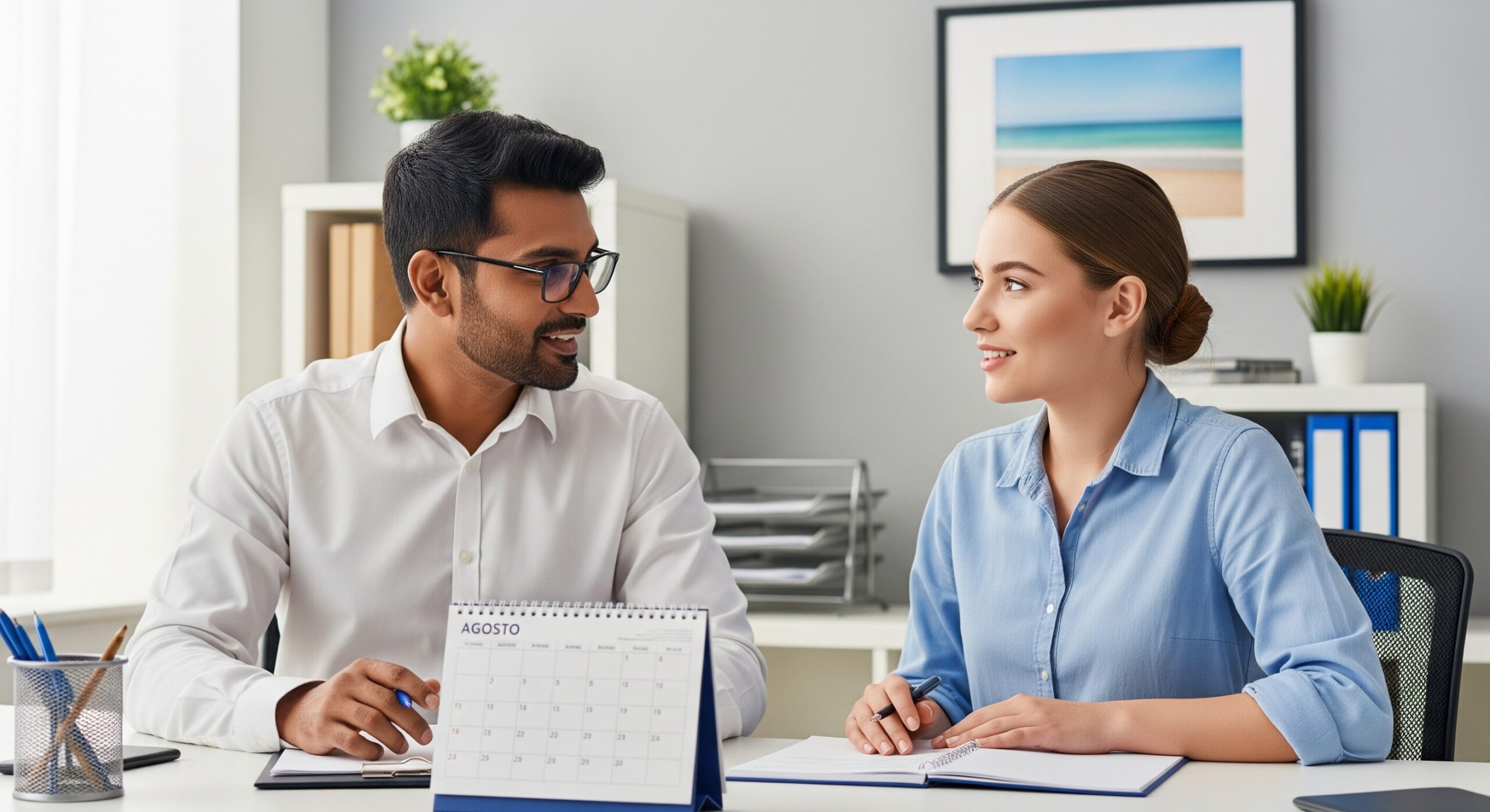 Datore di lavoro e dipendente discutono la pianificazione delle ferie estive in un ufficio moderno, consultando un calendario aperto su Agosto per raggiungere un accordo sul periodo di fruizione in Italia.