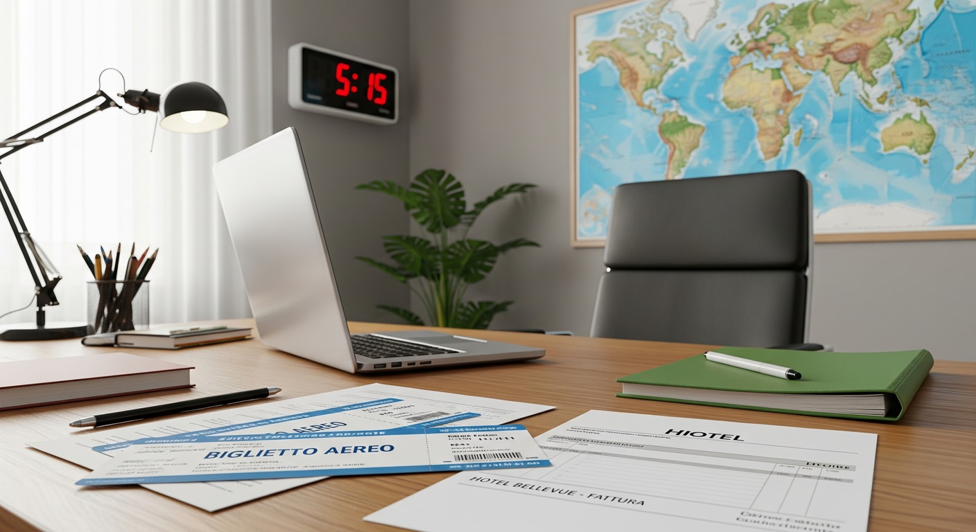 Scrivania ufficio con laptop, biglietti aerei, fattura hotel, orologio e mappa per gestione ore viaggio e rimborsi spese trasferta dipendenti.