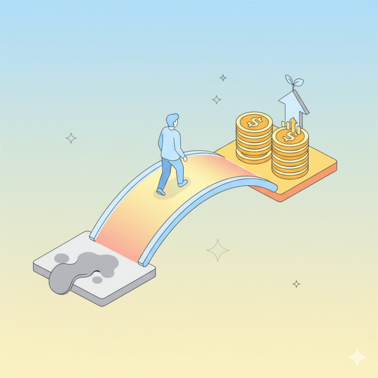 Illustrazione concettuale di persona che attraversa un ponte verso stabilità finanziaria e crescita, simbolo NASPI.