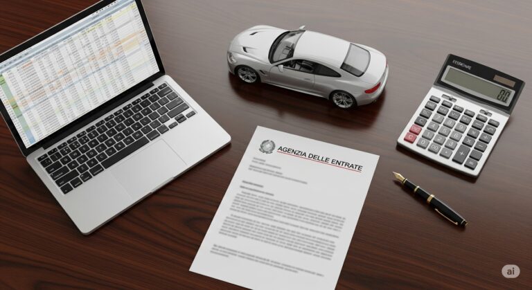 Scrivania da consulente con modellino di auto, laptop e calcolatrice per il calcolo del fringe benefit auto.