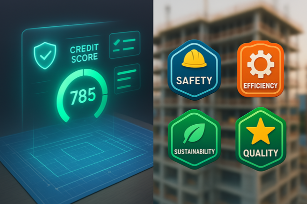 Dashboard olografica con grafico di credit score e icone di scudo, checkmark e stella per la patente a crediti delle aziende del settore edile.