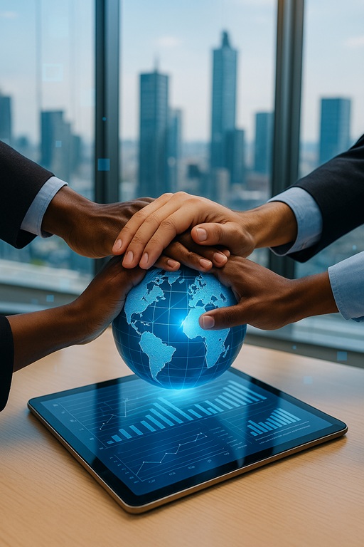 Diverse mani che collaborano attorno a un mappamondo digitale, simboleggiando le opportunità lavorative globali e l'integrazione facilitata dal Decreto Flussi 2025.