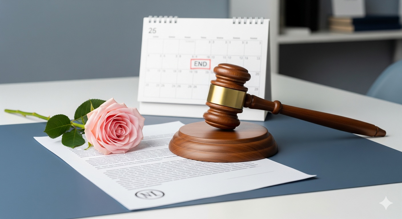 Immagine simbolica del DL 95/2025 che mostra una rosa (bonus mamma), un martelletto da giudice (diritto del lavoro) e un calendario con una data di scadenza (contratti a tempo determinato).