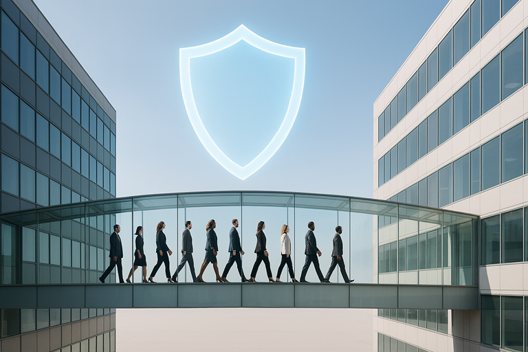 Immagine metaforica sulla tutela dei dipendenti nella cessione d'azienda: un gruppo eterogeneo di lavoratori cammina con fiducia su un ponte di vetro tra due uffici moderni. Sopra di loro, uno scudo blu luminoso simboleggia la protezione legale e la continuità del contratto di lavoro con il nuovo datore.