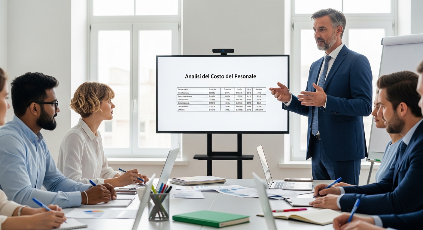 Immagine di un corso di formazione finanziata sulla gestione HR, con lavagna elettronica che mostra "Analisi del Costo del Personale"