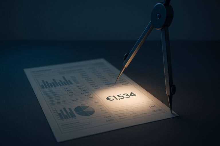 Rappresentazione grafica della riforma della busta paga 2025: un documento finanziario stilizzato con grafici complessi viene attraversato da un raggio di luce che ne illumina e semplifica una parte, simboleggiando la guida alle nuove regole IRPEF e al calcolo del netto.