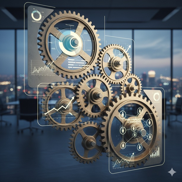 Ingranaggi in movimento che rappresentano l'organizzazione e l'efficienza aziendale, con elementi di dati e grafici sovrapposti.