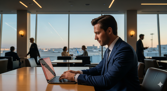 Professionista in abbigliamento business lavora al computer in una lounge aeroportuale moderna, rappresentando il concetto di lavoro itinerante e trasfertismo.