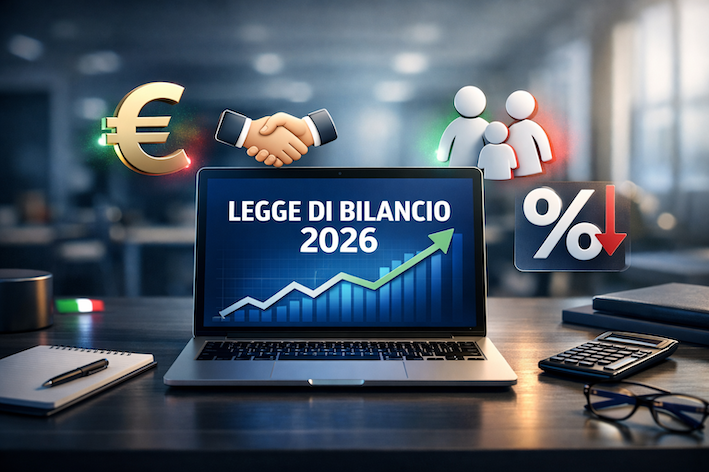 Laptop in ufficio moderno mostra sullo schermo il testo 'LEGGE DI BILANCIO 2026' con un grafico finanziario in crescita. Icone digitali fluttuanti di euro, famiglia, stretta di mano e taglio tasse con scia tricolore italiana circondano il computer.