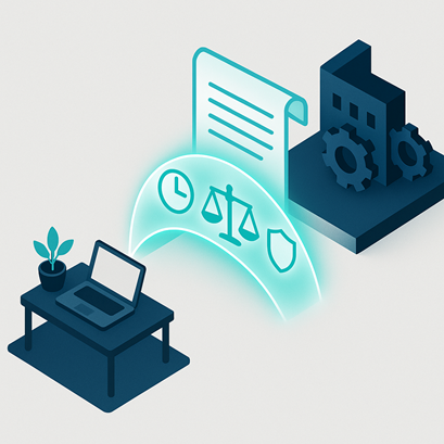Illustrazione simbolica della normativa smart working: un ponte digitale, che rappresenta l'accordo individuale, collega un ufficio domestico a una struttura aziendale, mostrando icone per la sicurezza, il diritto alla disconnessione e la parità di trattamento.