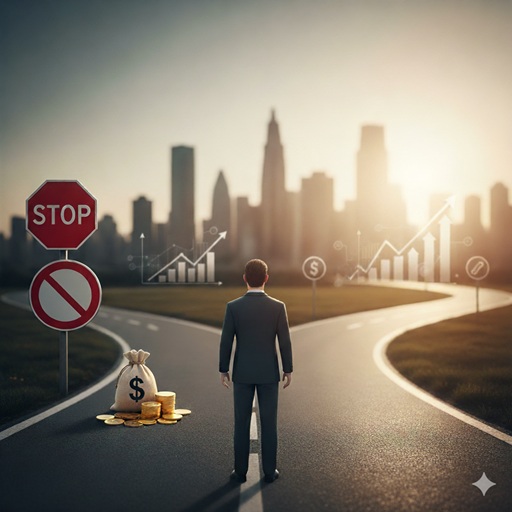 Persona al bivio con una strada bloccata da un segnale di stop e un sacchetto di denaro, che simboleggia la limitazione professionale e il corrispettivo del patto di non concorrenza.