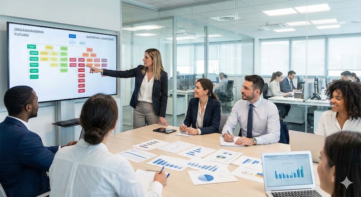 Un team di professionisti HR e manager analizza una mappa delle competenze e dei flussi di lavoro su un grande schermo touch-screen durante un meeting di riorganizzazione aziendale in una sala moderna.