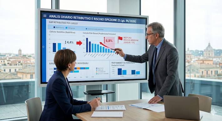 Consulente del lavoro e manager analizzano dashboard di gender pay gap con un'allerta rossa su superminimi individuali.