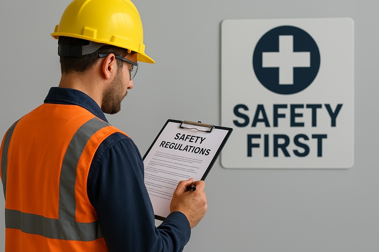 Operaio con casco e giubbotto ad alta visibilità consulta una lista di normative sulla sicurezza davanti a un cartello “Safety First”.